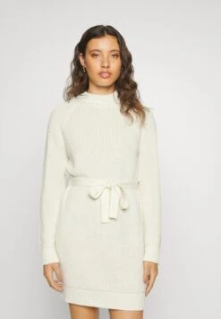 Even&Odd Crew Ausschnitt Ripp Mini Strickkleid Mit Gürtel - Robe Fourreau - White